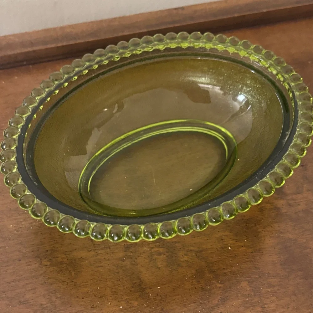Vintage Olive Green Glass Hen on Nest Covered Dish Beaded Rim Cottage Core Hen